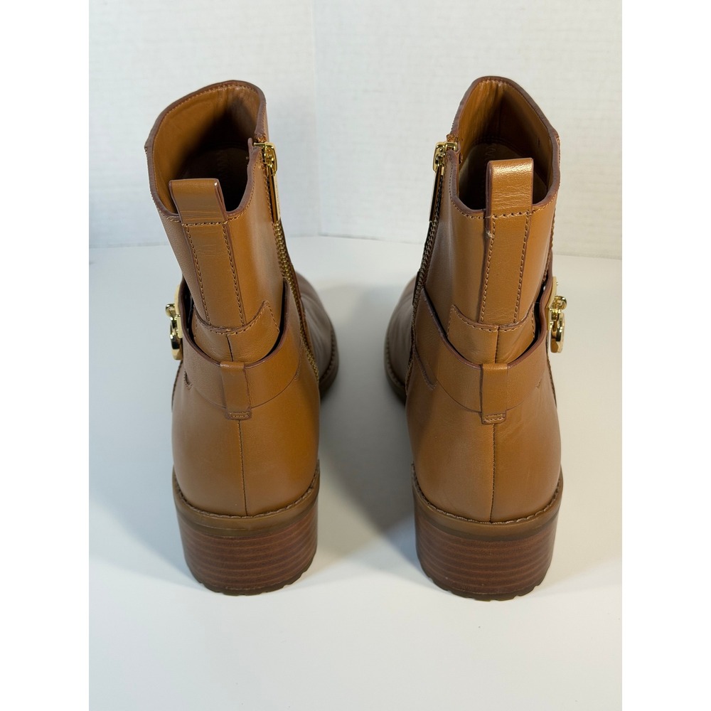 Michael Kors Women Tan Leather Ankle Boots Gold MK Logo Charm Size 10 SH18E